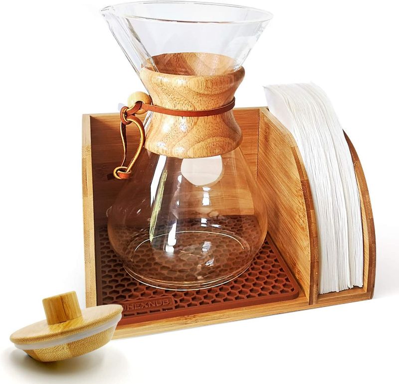 Photo 1 of HEXNUB – Caddy and Lid for Chemex Coffee Makers, Bamboo Stand fits Collar Handle Chemex, Bodum, Coffee Gator Carafes, Heatproof Silicone Mat, Filter Holder Ideal for Pour Over Coffee Brewing - Brown NEW 