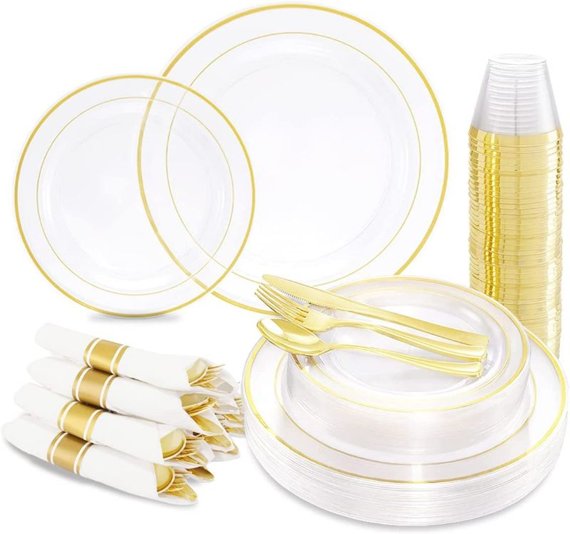 Photo 1 of I00000 210Pcs Clear Gold Plastic Plates, Gold Plastic Plates and Gold Dinnerware Includes: 30 Dinner Plates 10.25", 30 Dessert Plates 7.5", 30 Gold Cups, 30 Per Rolled Napkins with Cutlery for Party. NEW 