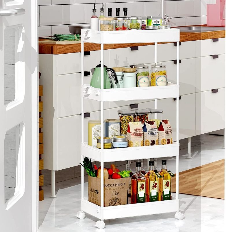 Photo 2 of 4-Tier Mobile Shelving Unit, Bathroom Rolling Cart Utility Storage Organizer Shelf for Kitchen Living Room Bathroom Laundry Room & Dressers (Unknown Color) NEW 