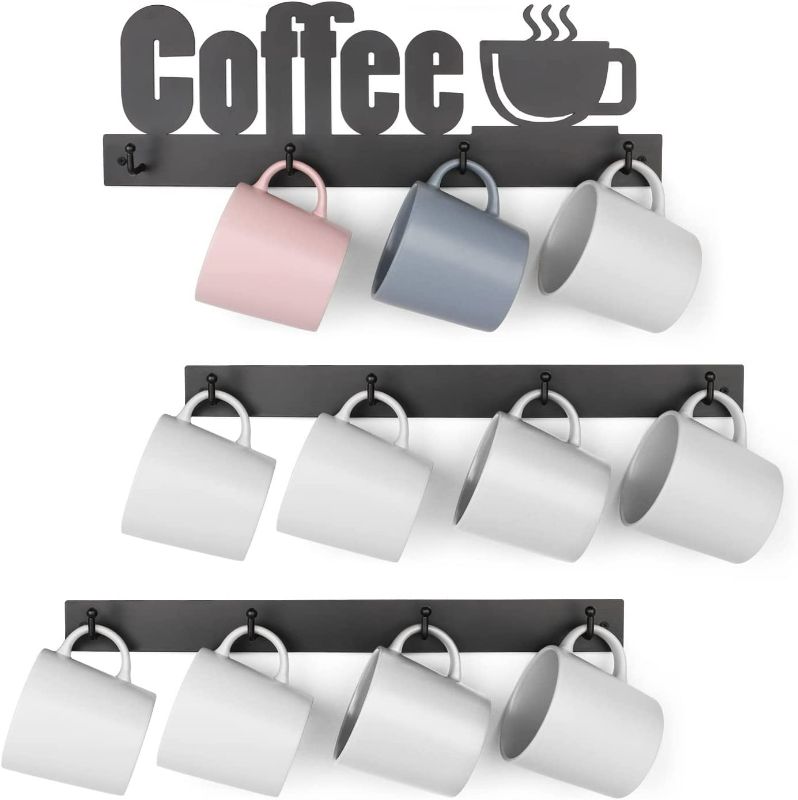 Photo 1 of HULISEN Coffee Mug Wall Rack, Coffee Cup Holder Wall Mounted with 12 Heavy Duty Hooks and Metal Coffee Sign, Rustproof Tea Cup Hanger Display Decor for Coffee Bar, Kitchen, Office NEW