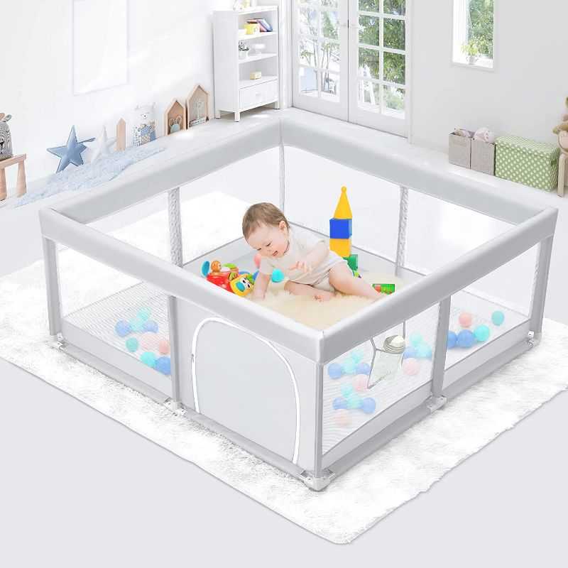 Photo 1 of Baby Playpen Play Pens for Babies and Toddlers Baby Play Yards Baby Fence for Kids Activity Center with Breathable Mesh Anti-Fall Playpen(51"x51"Light Grey)
