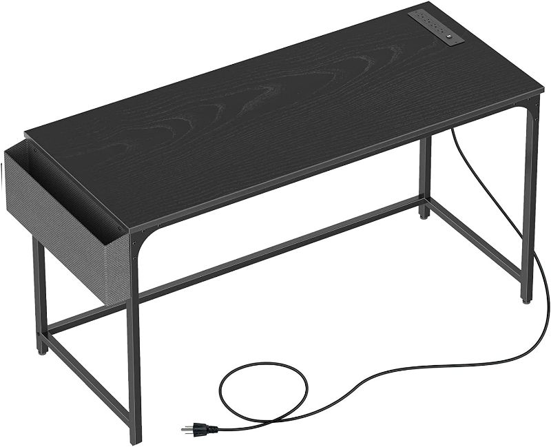 Photo 1 of Rolanstar Computer Desk with Power Outlet, 55” Home Office PC Desk with USB Ports Charging Station, Desktop Table with Side Storage Bag and Iron Hooks, Stable Metal Frame Workstation, Black **FACTORY SEALED** 
