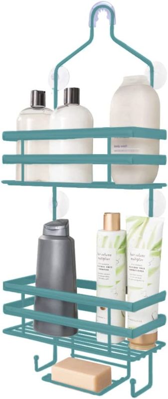 Photo 1 of **ONYX COLOR NOT TURQOISE, STOCK PHOTO FOR REFERENCE* Gorilla Grip Anti-Swing Oversized Shower Caddy, Rust Resistant Organizer, Holds 11 lbs, Strong Suction Cups, Hooks, Easy Hanging Bathtub Shampoo and Accessory Caddies for Showerhead, 2 Shelf, Onyx
