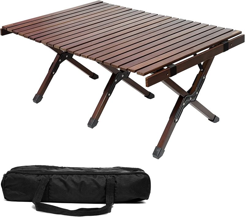 Photo 1 of ZUZHII 4ft Low Height Portable Folding Wooden Travel Camping Table for Outdoor/Indoor Picnic, BBQ and Hiking with Carry Bag, Multi-Purpose for Patio, Garden, Backyard, Beach(X-Large, Walnut Wood)
