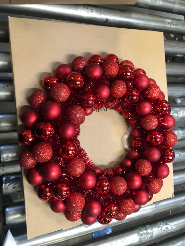 Photo 2 of 16 Inch Christmas Ball Wreath Home Party Decors Xmas Front Door Decorative Hanging Christmaswreaths Ball Ornaments Red