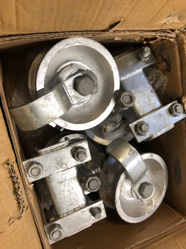 Photo 1 of Chain Link Rolling Gate Track Sliding Gate Rollers Galvanized Steel Rolling Gate Hardware for 2" (1-7/8") Gate Frame & 1-5/8" Track Pipe, Double U Bolt, 4 Pack