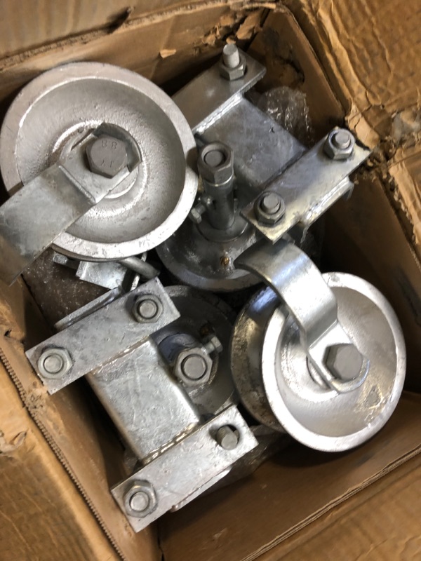 Photo 1 of Chain Link Rolling Gate Track Sliding Gate Rollers Galvanized Steel Rolling Gate Hardware for 2" (1-7/8") Gate Frame & 1-5/8" Track Pipe, Double U Bolt, 4 Pack