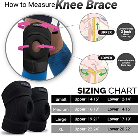 Photo 2 of 2 COUNT- Physix Knee Brace with Side Stabilizers & Adjustable Straps - Knee Brace for Meniscus Tear, Knee Wraps for Pain, ACL, MCL, OA, Running, Workouts - Open Patella Knee Braces for Men & Women (Single) SMALL - Upper 14"-15" | Lower 12"-14" Black/Pink 