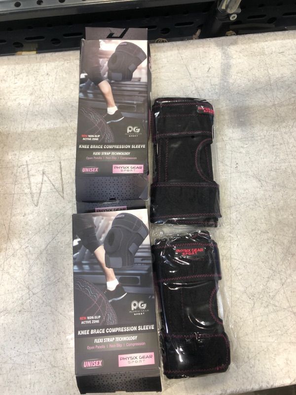 Photo 2 of 2 COUNT- Physix Knee Brace with Side Stabilizers & Adjustable Straps - Knee Brace for Meniscus Tear, Knee Wraps for Pain, ACL, MCL, OA, Running, Workouts - Open Patella Knee Braces for Men & Women (Single) L - Upper 19"-21" | Lower 17"-19" Black/Pink (Sin