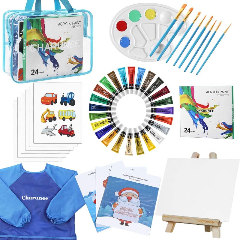Photo 1 of Art Set for Kids,44 Pieces Acrylic Paint Set with 8 Paint Brushes 8PCS 8x10 Painting Canvas Tabletop Easel & Waterproof Art Smock Paint Palette Color Mixing Chart (Acrylic Paint Set)