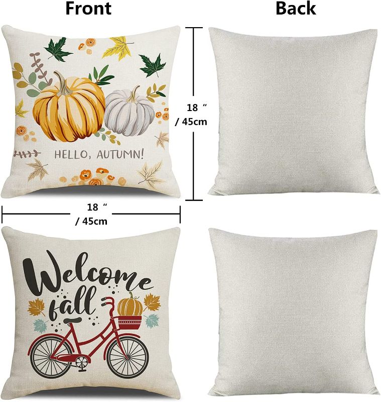 Photo 2 of 4 Pack Linen Throw Pillow Cover Set for Thanksgiving Day Autumn Pillowcase Fall Decor Farmhouse Pumpkin Grateful Truck Home Couch Decorative 18X18"