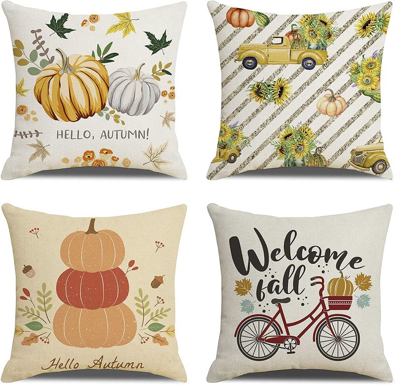 Photo 1 of 4 Pack Linen Throw Pillow Cover Set for Thanksgiving Day Autumn Pillowcase Fall Decor Farmhouse Pumpkin Grateful Truck Home Couch Decorative 18X18"