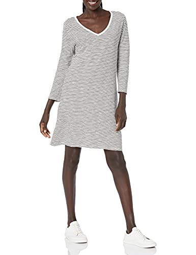 Photo 1 of Daily Ritual Women's Lived-in Cotton Relaxed-Fit 3/4 Sleeve V-Neck Dress, Natural/Black Stripe, X-Small