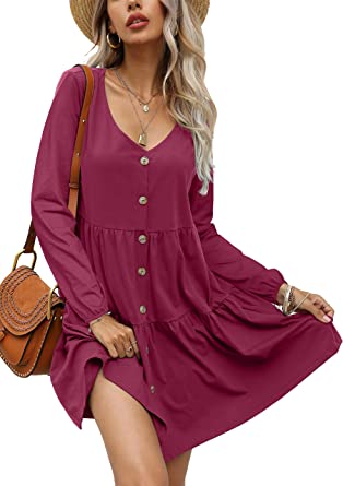 Photo 1 of Aifer Women’s Short/Long Sleeve Mini Dress Button Down Casual Loose Swing Babydoll Dress SIZE MEDIUM 