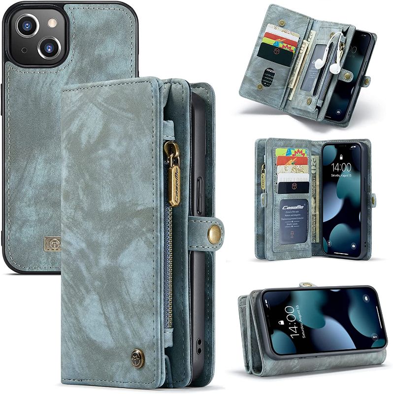 Photo 1 of Kowauri for iPhone 13 Wallet Case,Zipper Purse Leather Shockproof TPU Bumper Detachable Magnetic Flip Case with Card Slots Stand Holder Wallet Case for iPhone 13 6.1 inch 2021 (Teal)