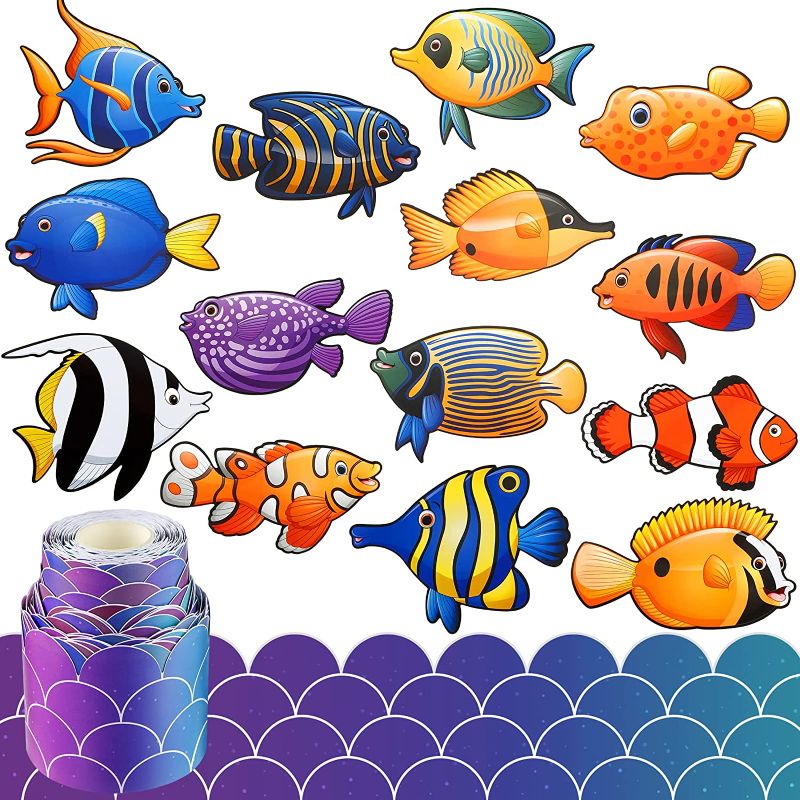 Photo 1 of 56 Pieces Fish Cutouts Paper Double Printed Waterproof Ocean Cutouts with Glue Points 65.6ft Ocean Classroom Decor Ocean Bulletin Board Paper Ocean Border Trim for School Ocean Themed Party
