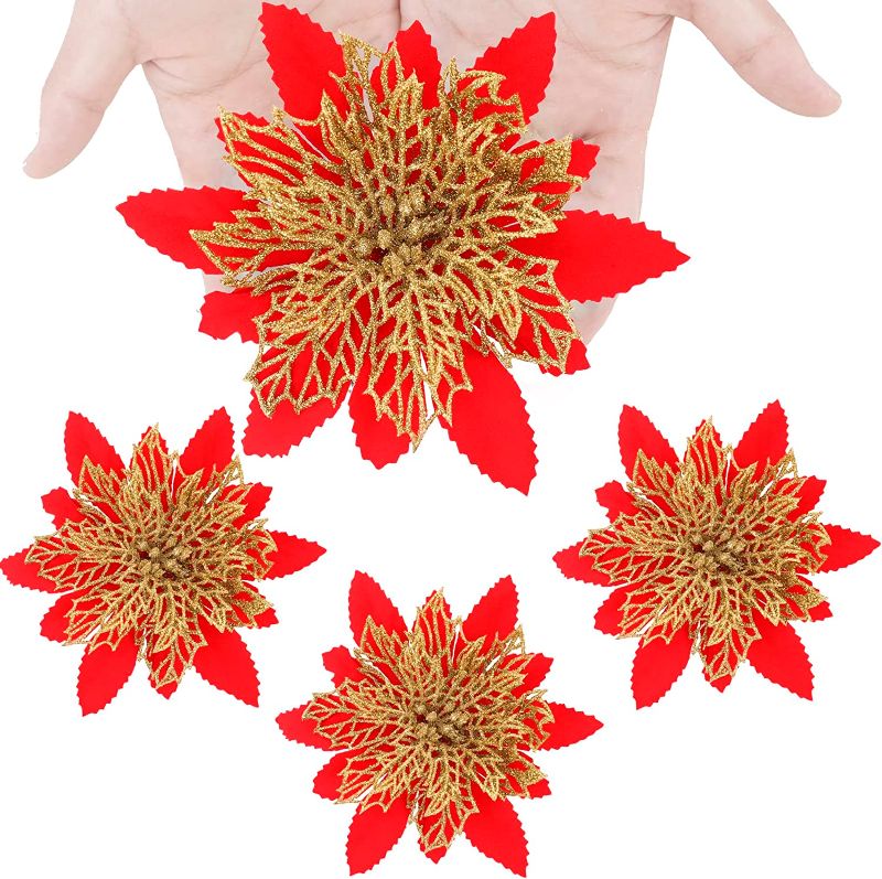 Photo 1 of 12Pcs Christmas Glitter Poinsettia Artificial Flowers with Stems Christmas Ornaments for Xmas Tree Wreaths Garland Holiday Seasonal Wedding Decorations-Red, 7"