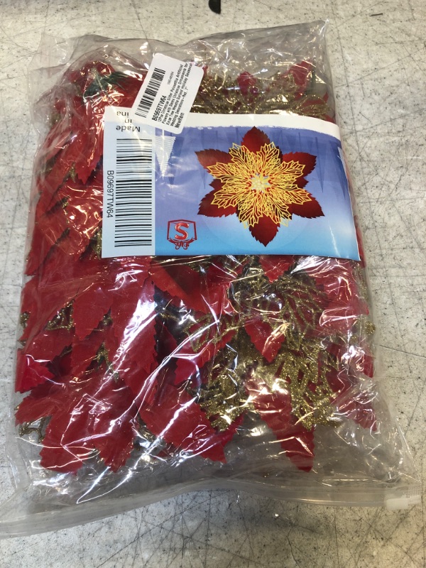 Photo 2 of 12Pcs Christmas Glitter Poinsettia Artificial Flowers with Stems Christmas Ornaments for Xmas Tree Wreaths Garland Holiday Seasonal Wedding Decorations-Red, 7"