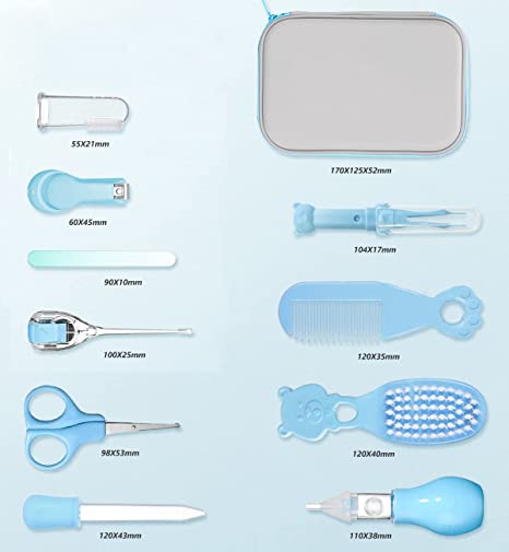 Photo 2 of Baby Grooming Kit, Portable Baby Safety Care Set with Hair Brush Comb Nail Clipper Nasal Aspirator etc for Nursery Newborn Toddlers Infant Girl Boys Keep Clean (11 in 1 Blue)