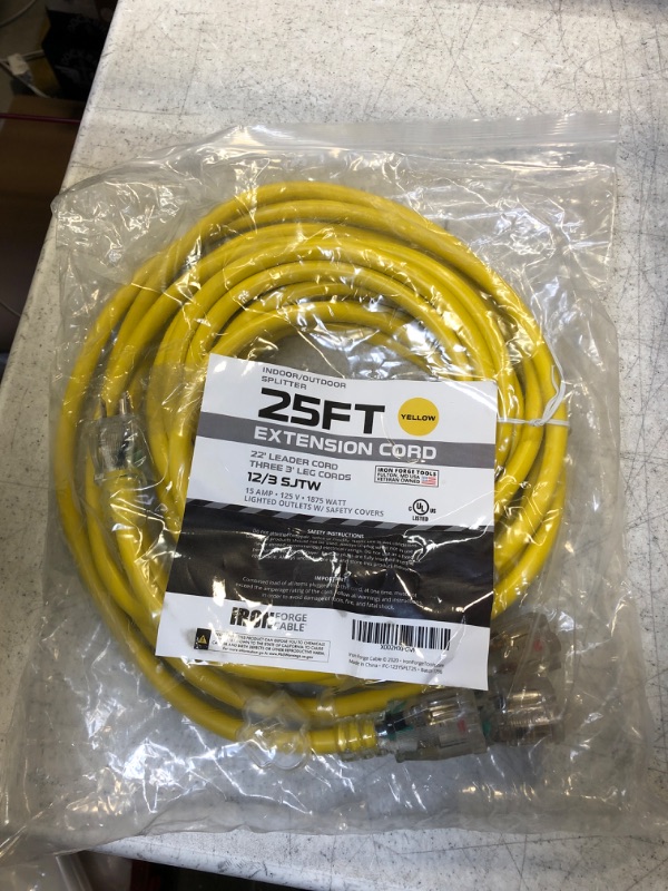 Photo 2 of 25 Ft Weatherproof 1 to 3 Outdoor Extension Cord Splitter - 12/3 SJTW [31 Ft Total Length] Heavy Duty Lighted End Yellow Power Cord Splitter with 3 Prong - Multi Outlet Christmas Light Decorations 25 Foot Splitter