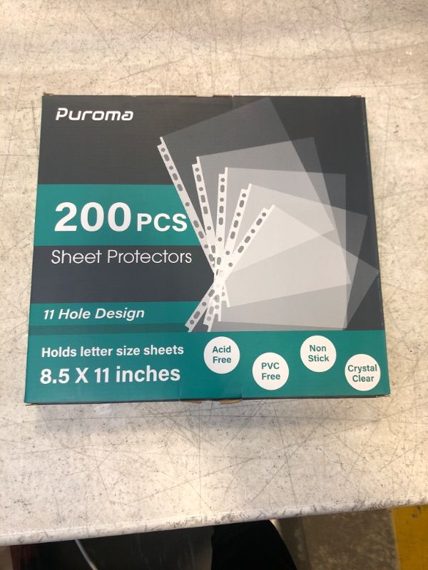 Photo 1 of Puroma 200 Pack Sheet Protectors, 11 Hole Clear Heavy Duty Page Protectors, Fits Standard 8.5 x 11 inch, Top Loading Paper Protector, Plastic Sleeves for Binders