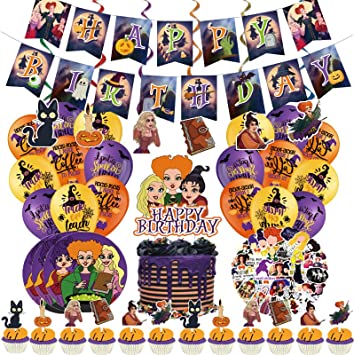Photo 1 of 110Pcs HocuPocu Party Supplies Halloween Decoration Witch Birthday Favor Banner Balloon Plates Cake Cupcake Topper Swirl