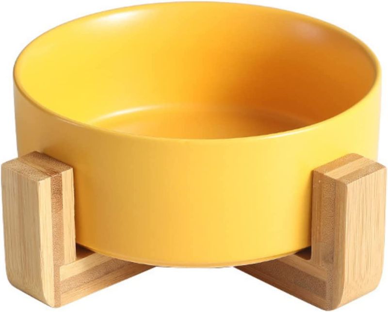 Photo 1 of 29oz Ceramic Dog Bowl, Cat Bowl For Food and Water with Bamboo Stand, Round-Shaped Comfortable Cat Food Bowl with Non-Slip Stand, Elevated Raised Dog Bowls and Cat Bowls For Eating and Drinking/Yellow
