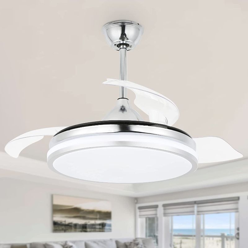 Photo 1 of 42 Inch Retractable Ceiling Fan, 6 Speed Reversible Ceiling Fan with Lights and Remote Silent Motor, Ceiling Fan Lights with 3 Retractable Blades, 3 LED Light Color Change, 3 Timing Options Chrome
