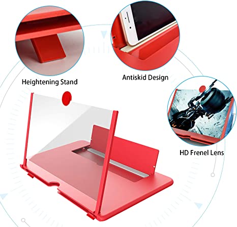 Photo 1 of 12 Inch Phone Screen Magnifier, 3D HD Mobile Phone Projector Amplifier Pulling-Out Movie Video Enlarger Anti-Radiation Eye Protection with Foldable Stand Holder for All Smartphones-Red