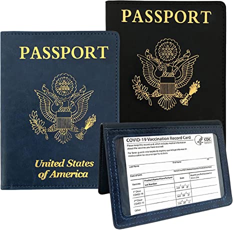 Photo 1 of 2 Pack PU Leather Passport and Vaccine Card Holder Combo , 2 Passport Holder with Vaccine Card Slot , Vaccine Card Protector Waterproof Passport Holder , Vax Card Holder , Vaccine Card Covers , Passport Book (Double Pack, Dark Blue and Black)