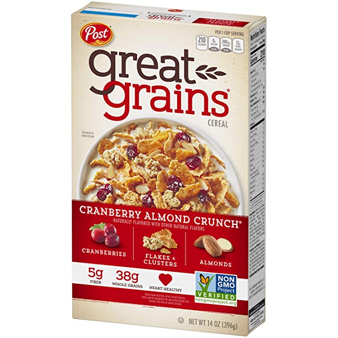 Photo 1 of  EXP 08-28-2023------------------Post Great Grains Cranberry Almond Crunch Whole Grain, Non GMO Verified, Heart Healthy Cereal, 14 Ounce Box
Visit the Post Store