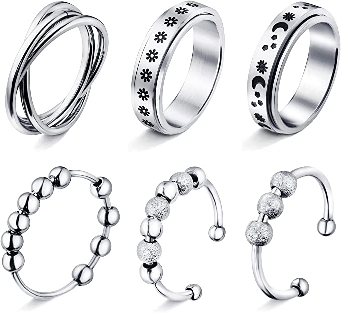 Photo 1 of 4-6Pcs Stainless Steel Fidget Ring- Anxiety Ring For Women Men Stress Relieving Spinner Ring Triple Interlocked Rolling Flower Moon Fidget Band Rings For Anxiety SIZE 7
