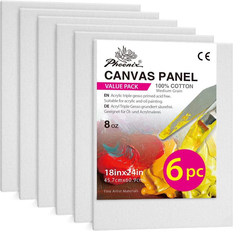 Photo 1 of PHOENIX Painting Canvas Panels 18x24 Inch, 6 Value Pack - 8 Oz Triple Primed 100% Cotton Acid Free Canvases for Painting, White Blank Flat Canvas Boards for Acrylic, Oil, Watercolor & Tempera Paints