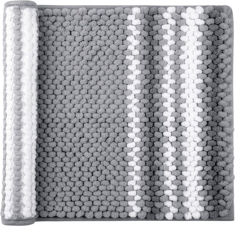Photo 1 of PiccoCasa Chenille Bathroom Rug Extra Soft Fluffy, Striped Bath Mat Super Absorbent Area Rugs Washable Carpet for Tub, Kitchen Floor 17"x24" Dark Gray and White