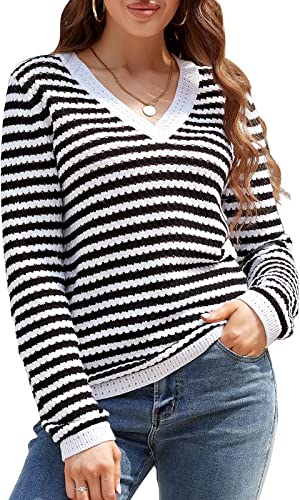 Photo 1 of Women's Stripe Sweater V-Neck SHORT SLEEVE Block Knit Top Casual Knit Sweater