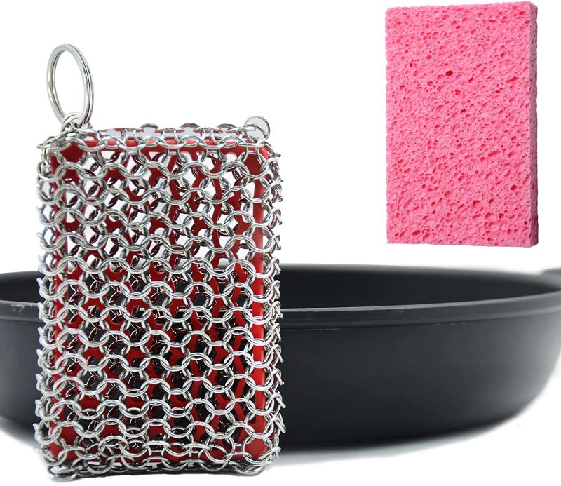 Photo 1 of  Scrubber with Silicone Core,Food Grade Chain Mail Scrubbing Pad with Extra Kitchen Sponge,Stainless Steel Cast Iron Cleaner for Cast Iron Skillet,Pan,Griddle,Oven YELLOW SPONGE