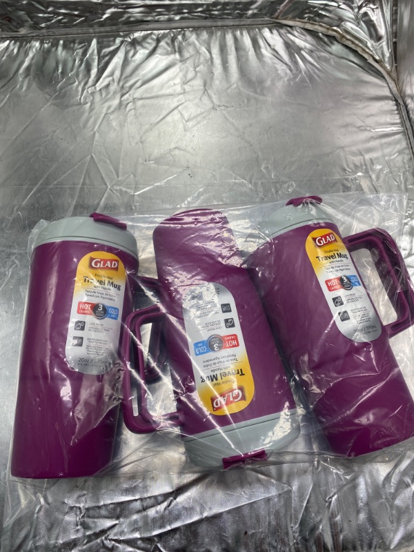 Photo 2 of GLAD DOUBLE WALL WITH HANDLE FOR HOT AND COLD LEAK PROOF AND MICROWAVE PROOF, 20OZ / 590ML, PURPLE , 3 PACK