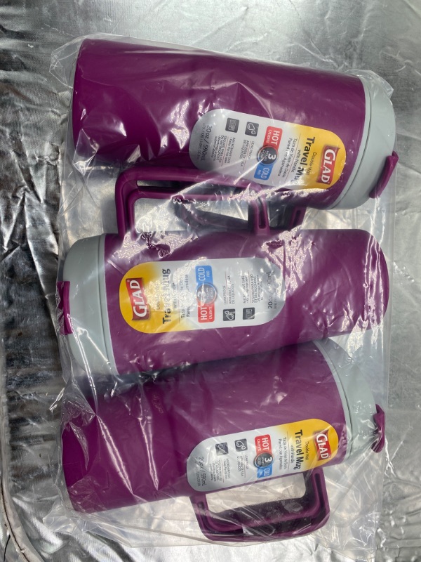 Photo 1 of GLAD DOUBLE WALL WITH HANDLE FOR HOT AND COLD LEAK PROOF AND MICROWAVE PROOF, 20OZ / 590ML, PURPLE , 3 PACK