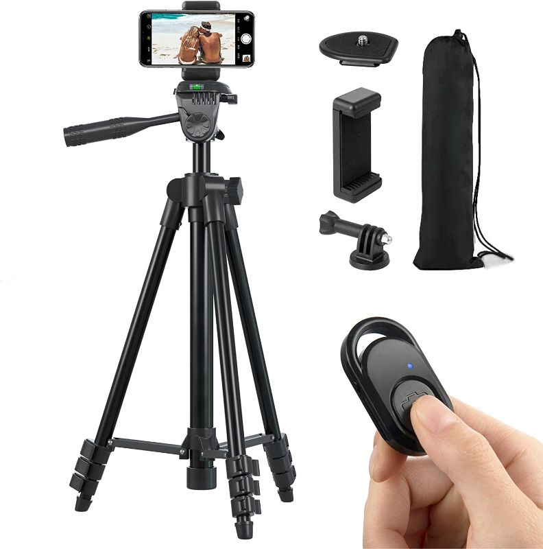 Photo 1 of amera Mount Phone Tripod Stand: 51-Inch 130cm Lightweight Travel Tripod for iPhone with Remote & Phone Holder & GoPro Adapter Compatible with iPhone & Android Cell Phone | Matte Black