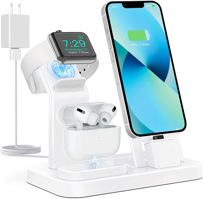 Photo 1 of 3 in 1 Charging Station for Apple Products, Removable Charging Stand for iPhone Series AirPods Pro/3/2/1, Charging Dock for Apple Watch SE/Ultra/8/7/6/5/4/3/2/1(with 15W Adapter and Cable)(White)