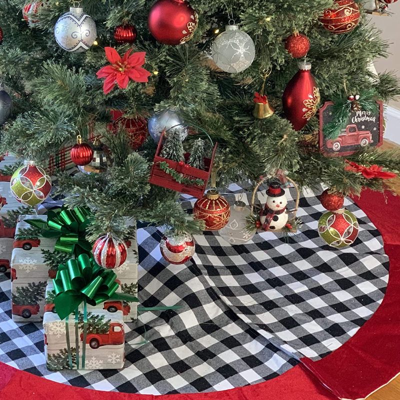 Photo 2 of Christmas Tree Skirt Buffalo Plaid - Large 48" Diameter, Black and White Checks, Red Felt Trim, Presents, Gifts, Plaid Christmas Decoration