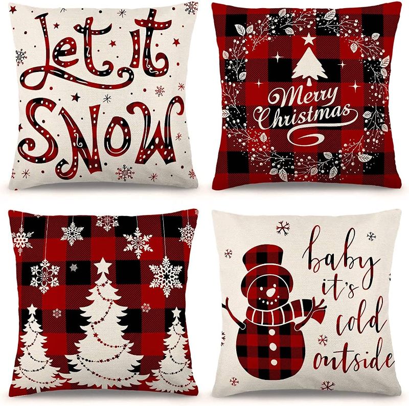Photo 1 of Christmas Decorations Pillow Covers 18 x 18 Inch Set of 4 for Home Decor Farmhouse Black and Red Buffalo Plaid Pillow Covers Holiday Rustic Linen Pillow Case Throw Pillow Covers for Sofa Couch