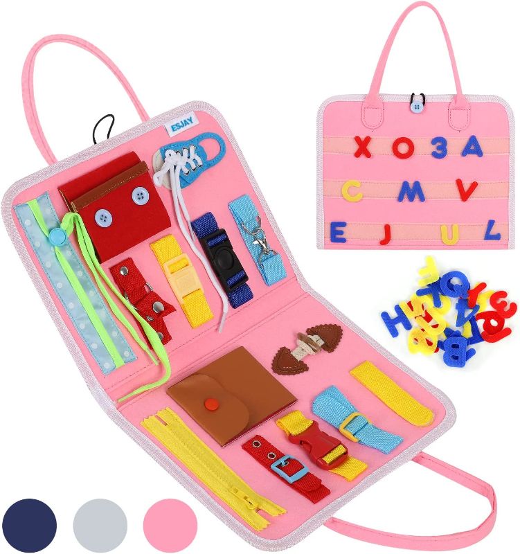 Photo 1 of Busy Board for Toddlers, Montessori Toys to Learn Fine Motor Skill, Sensory Board with Buckles, Toys Gifts for 1 2 3 4 Year Old Girls Boys, Toddler Learning Activities for Travel Airplane(Pink)