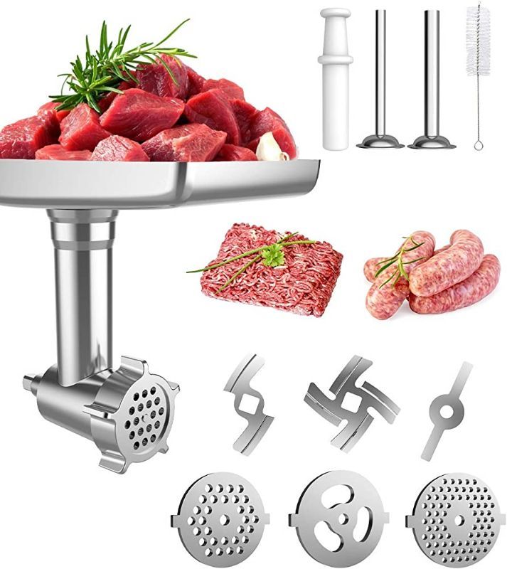 Photo 1 of Metal Grinder Attachment for KUPPET  Meat Food Grinder Accessories, Sausage Stuffer Attachment Includes 2 Sausage Stuffer Tubes, 2 Grinding Blades, 3 Grinding Plates