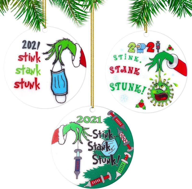 Photo 1 of 3 Pack 2021 Grinch Christmas Ornament ,Stink Stank Stunk Grinch Ornaments Round White Christmas Tree Ornaments Set Funny Christmas Ornaments (Ornaments F)