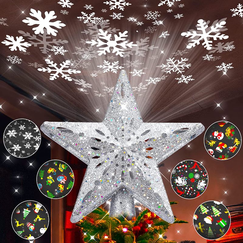 Photo 1 of WinPull Christmas Tree Topper Lighted with 6 Pattern Projection Modes, Christmas Star Tree Topper Built-in LED Rotating Lights, 3D Glitter Projector for Christmas Decorations (Silver)
