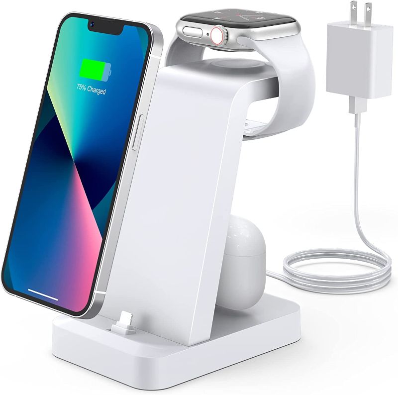 Photo 1 of Charging-Station-for-iPhone 3-in-1-White-Wireless-Charger-Stand Charging-Dock for-Apple-Watch-Series-