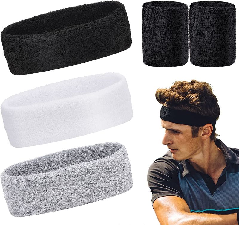 Photo 1 of 3pcs Sweatbands Sports Headband for Men & Women - Moisture Wicking Athletic Terry Cloth Sweatband