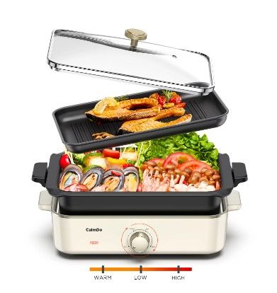 Photo 1 of CalmDo 12-inch Electric Skillet Grill Combo, 1400W Multi-functional 3 in 1 Griddle with Tempered Glass Vented Lid, Adjustable Temperature, White