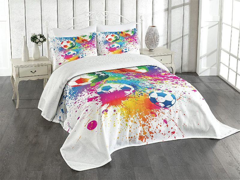 Photo 1 of Ambesonne Soccer Lover Themed Bedroom Bedspread, Colored Splashes All Over Ball Score World Cup Championship Athletic, NEW